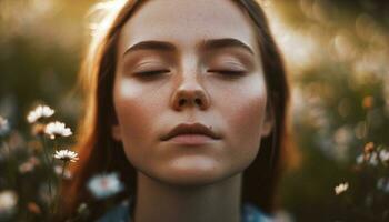 giovane donna gode natura bellezza a tramonto generato di ai foto