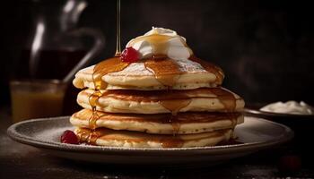 pila di fatti in casa Pancakes con dolce sciroppo generato di ai foto