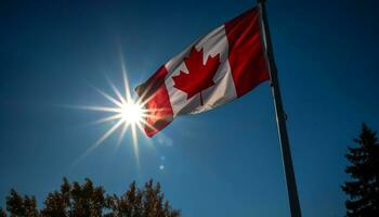 canadese bandiera agitando nel luminosa luce del sole all'aperto generato di ai foto