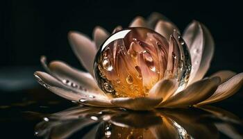 tranquillo loto fiorire riflette nel stagno acqua generato di ai foto