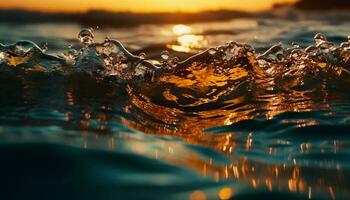 tramonto onda spruzzi su tranquillo acqua superficie generato di ai foto