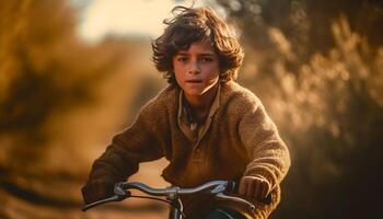 sorridente caucasico maschi Ciclismo nel natura tramonto generato di ai foto