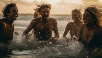 sorridente giovane adulti godere spensierato estate divertimento generato di ai foto