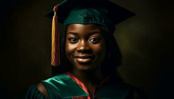 giovane africano donna sorridente nel la laurea toga generato di ai foto