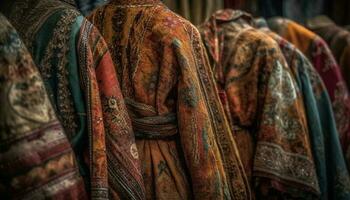 Multi colorato tessile adornano il tradizionale capi di abbigliamento memorizzare generato di ai foto
