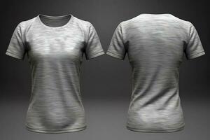 grigio femmina maglietta realistico modello impostato a partire dal davanti e indietro Visualizza, vuoto tessile Stampa design modello per moda abbigliamento. ai generato foto