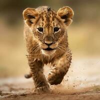 in esecuzione bambino Leone fotografia vicino su foto