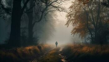 uno persona escursioni a piedi nel il nebbioso autunno foresta, silhouette solitudine generativo ai foto
