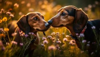 un' giocoso bassotto e beagle sedersi nel un' Fiore di campo prato generativo ai foto