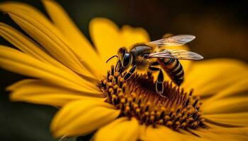 un' occupato miele ape Lavorando su un' vivace giallo girasole generativo ai foto