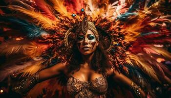 adulto femmina ballerino trasuda sensualità nel tradizionale brasiliano costume generativo ai foto