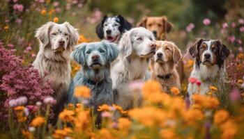 gruppo di cani nel il giardino scena generativo ai foto