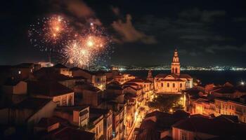 vivace fuochi d'artificio illuminare città orizzonte durante tradizionale Festival celebrazione generativo ai foto