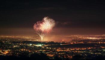 estate celebrazione si accende città orizzonte con vivace fuoco d'artificio Schermo generativo ai foto