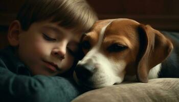 infanzia amicizia uno carino beagle e un' sorridente bambino giocando generativo ai foto