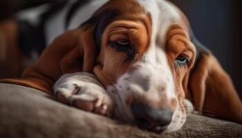 carino di razza cane da riporto cucciolo dormendo, grugno riposo su morbidezza all'aperto generativo ai foto