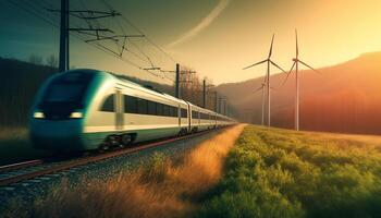 il locomotiva velocità in direzione il di fuga punto su il Ferrovia traccia generativo ai foto