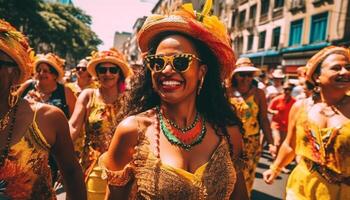 sorridente donne nel tradizionale capi di abbigliamento godere samba danza a Festival generativo ai foto