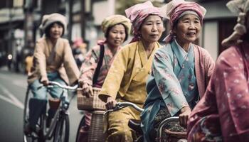 indigeno donne ciclo attraverso città strade nel tradizionale vestiario, sorridente generativo ai foto