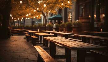 crepuscolo si illumina il paesaggio urbano, all'aperto bar legna pavimentazione sfocato generato di ai foto