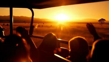 guida auto su strada viaggio, tramonto silhouette, gruppo vacanza avventura generato di ai foto