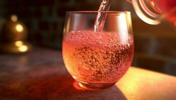 rinfrescante bevanda versato in bicchiere di vino, bolle riflettendo lusso celebrazione generato di ai foto