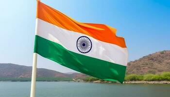 indiano bandiera agitando con orgoglio nel il vento, simbolo di patriottismo generato di ai foto