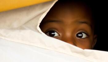 carino bambino sbirciando fuori, avvolto nel innocenza e felicità generato di ai foto