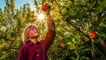 salutare bambini godendo biologico Mela raccolta nel un' rurale frutteto generato di ai foto