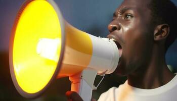 giovane adulto uomo d'affari Tenere megafono, urlando Messaggio all'aperto per pubblico generato di ai foto