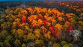 vivace autunno paesaggio Multi colorato alberi, giallo foglie, alto angolo Visualizza generato di ai foto