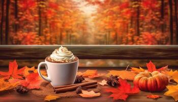 autunno caffè tavolo decorazione caldo bere, foglia, Di legno, Materiale, giallo generato di ai foto