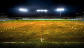 luminosa riflettore si illumina vuoto calcio campo su un' estate notte generato di ai foto