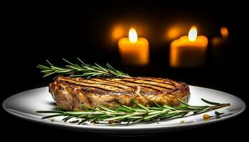 grigliato controfiletto bistecca filetto con erba stagionatura su di legno tavolo generato di ai foto