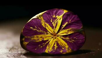 vivace viola orchidea brilla nel rugiadoso buio di natura eleganza generato di ai foto