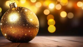 d'oro Natale palla con luci generato di ai foto