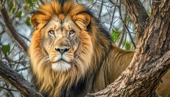 maestoso maschio Leone nel il savana, vigilanza nel il suo occhi generato di ai foto