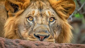 maestoso leonessa fissando, mettere in guardia nel il africano natura selvaggia generato di ai foto