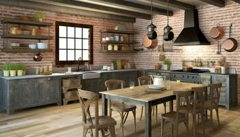 moderno eleganza dentro soffitta appartamento con lusso cucina isola design generato di ai foto