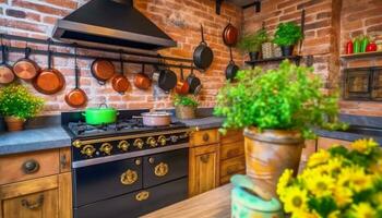 moderno cucina design con rustico legna e inossidabile acciaio elettrodomestici generato di ai foto