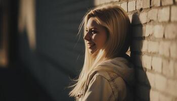 giovane adulto donna con biondo capelli sorridente nel natura bellezza generato di ai foto