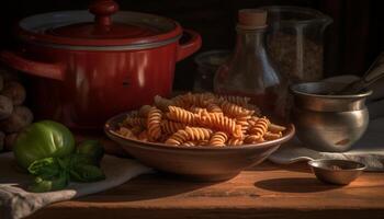 salutare vegetariano pasta pasto con fresco biologico pomodoro e erbe aromatiche generato di ai foto