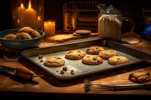 azione foto di rendere biscotti nel davanti forno e cose cibo fotografia generativo ai