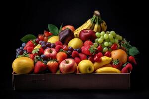 azione foto di mescolare frutta su il un' scatola editoriale cibo fotografia generativo ai