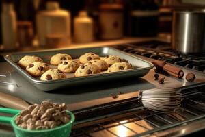 azione foto di rendere biscotti nel davanti forno e cose cibo fotografia generativo ai