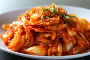 azione foto di kimchi è un' tradizionale coreano banco consistente di salato e fermentato verdure cibo fotografia generativo ai