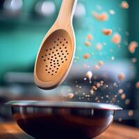 azione foto di cucina utensile volante attraverso il aria con stagionatura fotografia generativo ai