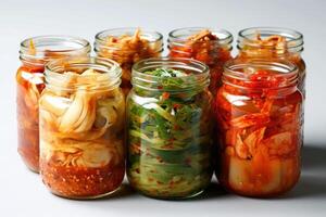 azione foto di kimchi è un' tradizionale coreano banco consistente di salato e fermentato verdure cibo fotografia generativo ai