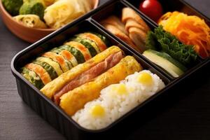 azione foto di tamagoyaki giapponese lanciato frittata nel bento con riso cibo fotografia generativo ai