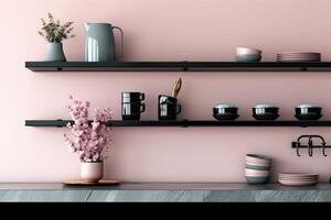 cucina con rosa interno mensola nel moderno cucina camera fotografia generativo ai foto